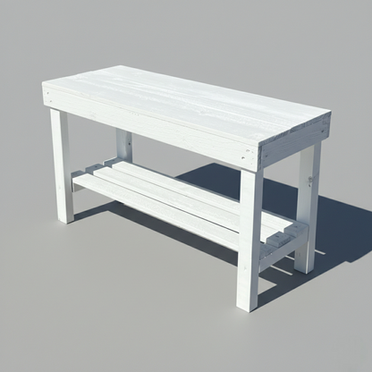 Natural cedar solid wood entryway bench with lower shelf, handmade rustic furniture.