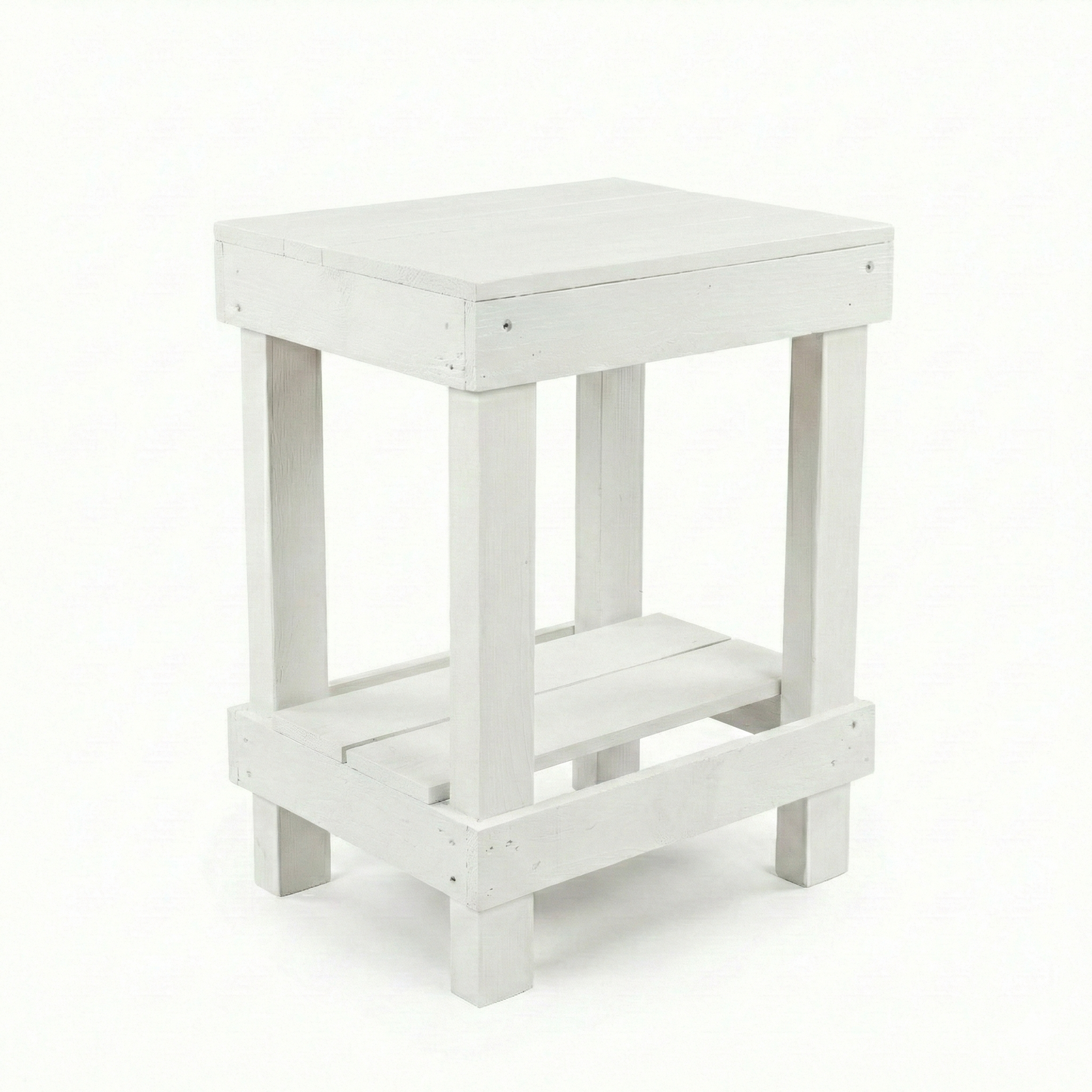 Rustic farmhouse solid wood handmade end table with open shelves and natural finish next to gray sofa.