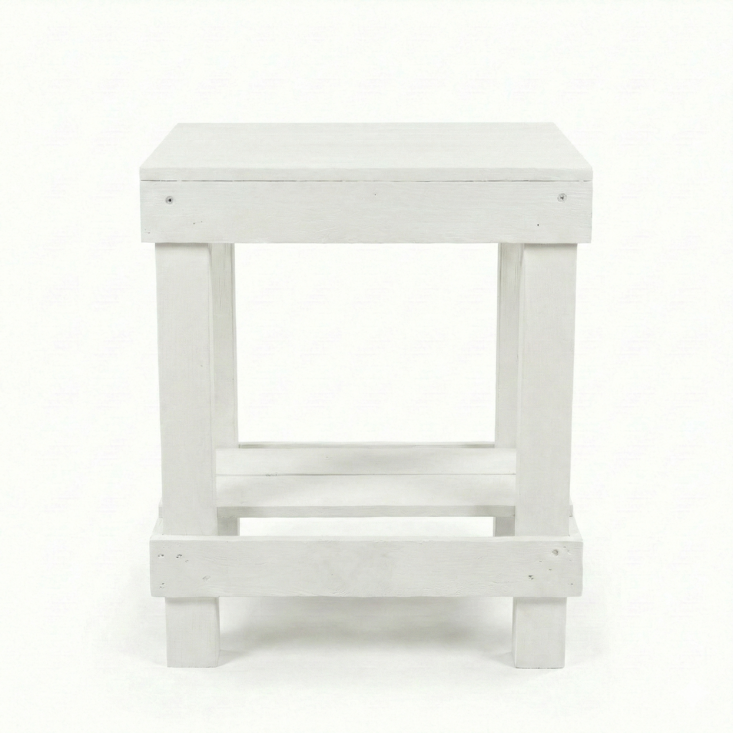 Rustic farmhouse solid wood handmade end table with open shelves and natural finish next to gray sofa.