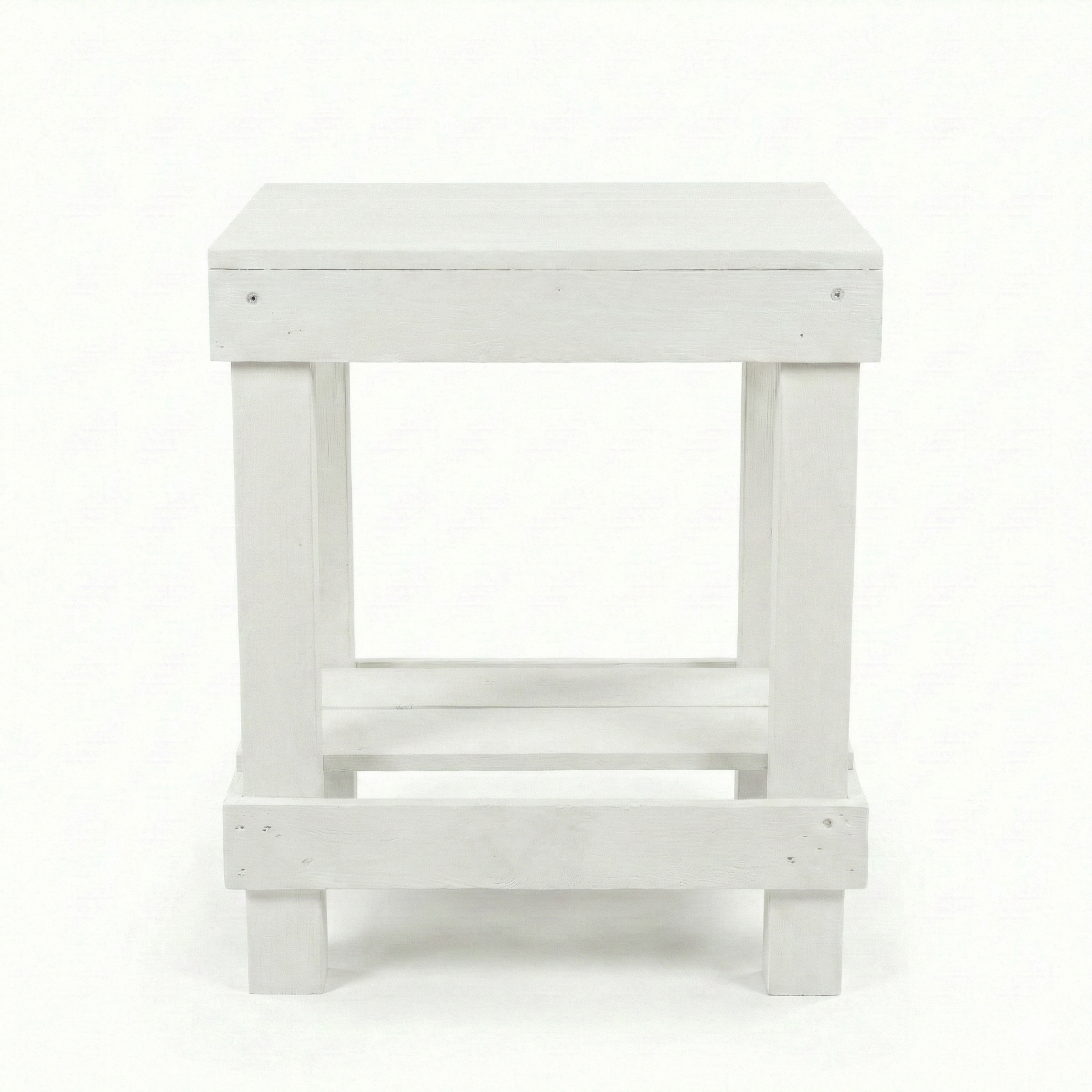 Rustic farmhouse solid wood handmade end table with open shelves and natural finish next to gray sofa.