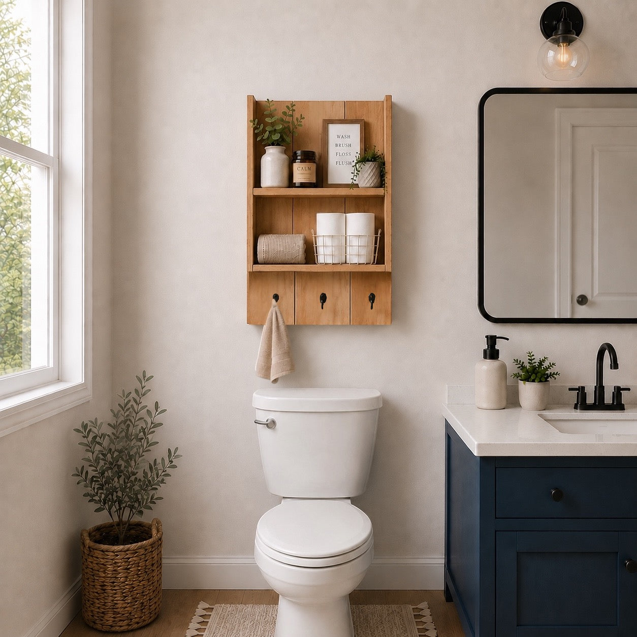 Burkstone Bathroom Shelf with Hooks | Rustic Wall Storage Organizer