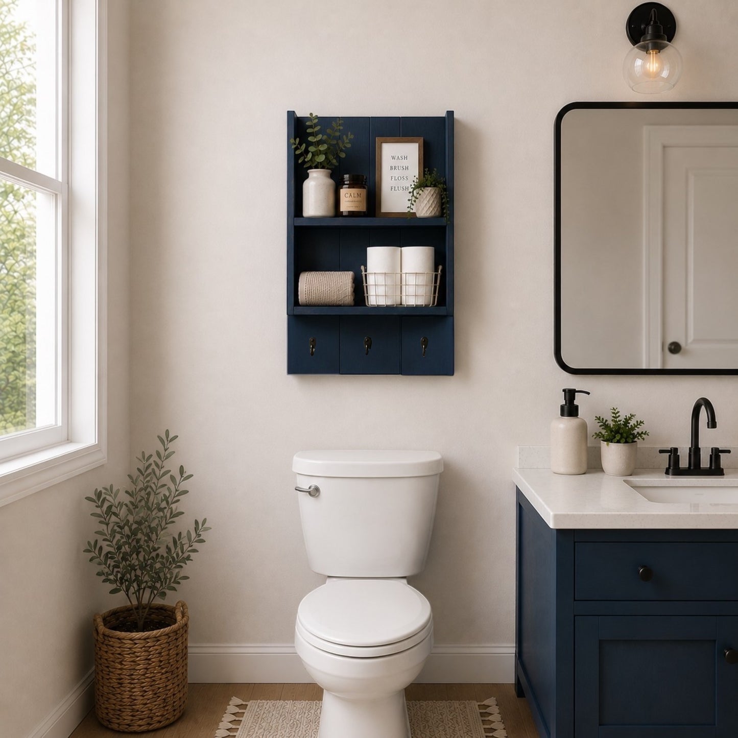 Burkstone Bathroom Shelf with Hooks | Rustic Wall Storage Organizer