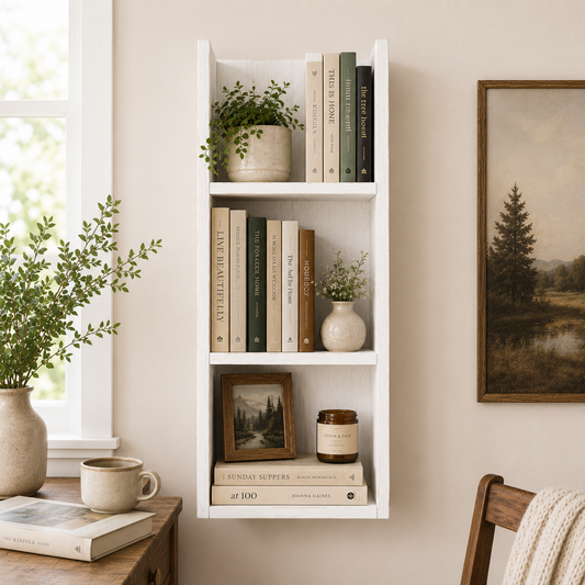 White bookshelf with books, plants, and decor in a room with a window and painting.
