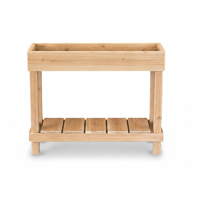 Wooden planter box with a shelf on a black background