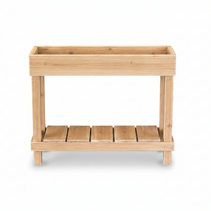 Wooden planter box with a shelf on a black background