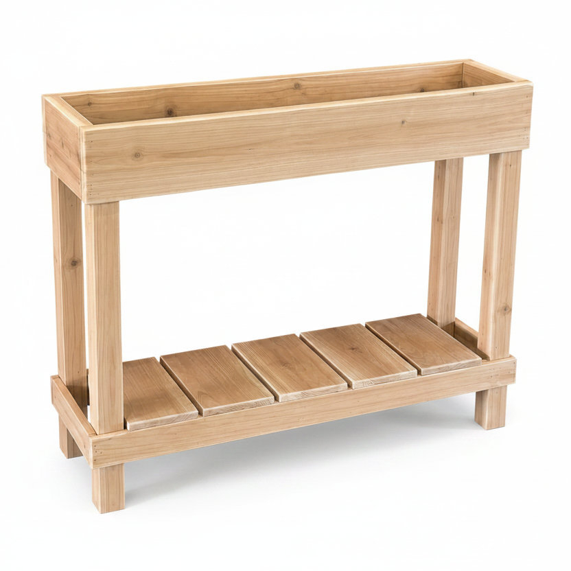 Wooden planter box with a shelf on a black background