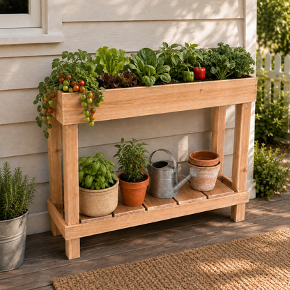 Wooden planter box with plants on a wooden deck
