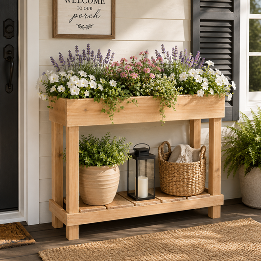 Wooden planter with flowers and decor on a porch