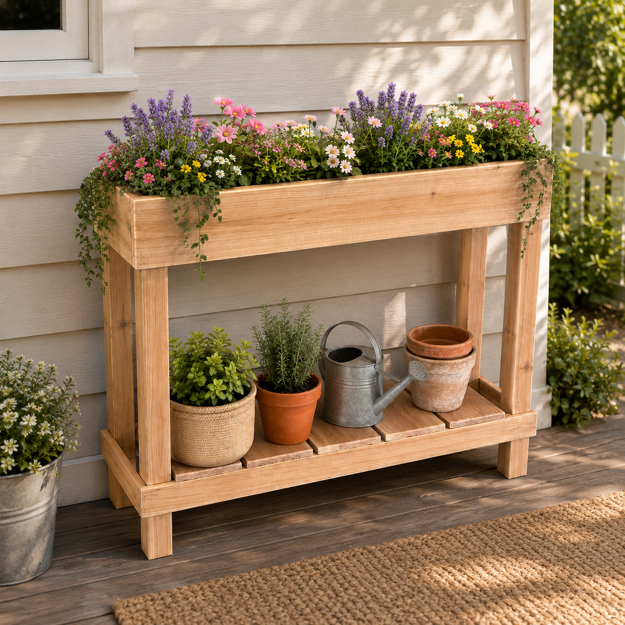 Wooden planter box with flowers and gardening tools on a wooden deck.