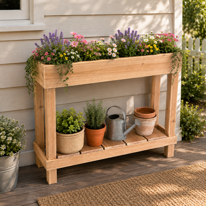 Wooden planter box with flowers and gardening tools on a wooden deck.