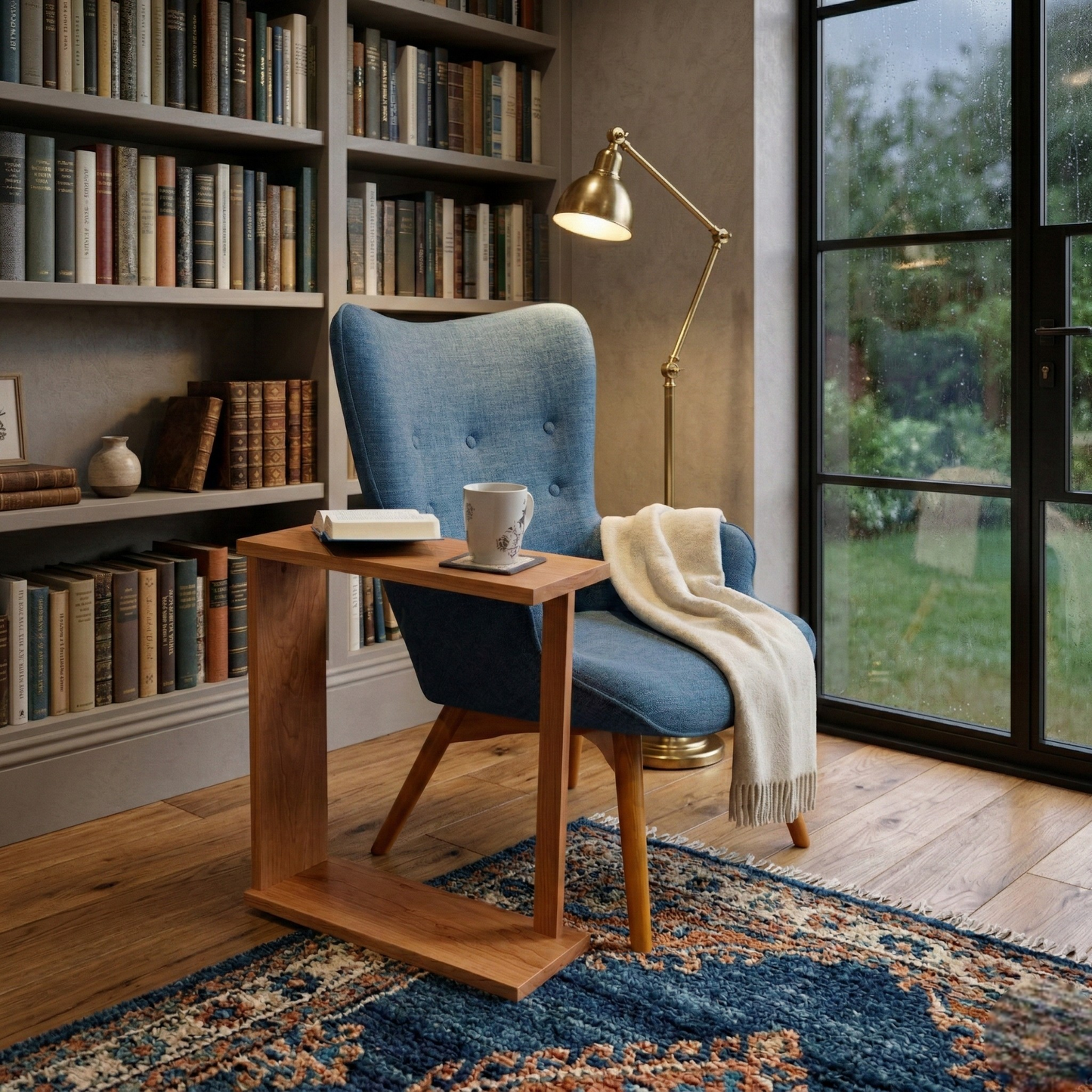 Solid Cherry Wood Open-Frame Side Table: Handcrafted Mid-Century Modern End Table – Premium Hardwood Narrow Pedestal Table