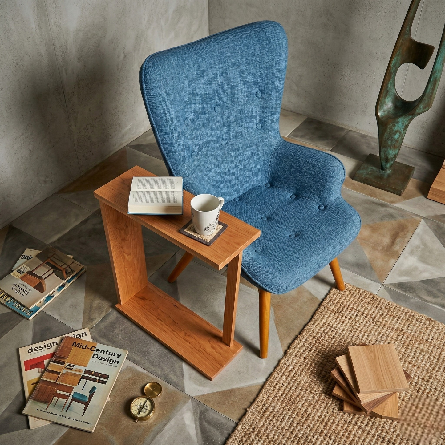Solid Cherry Wood Open-Frame Side Table: Handcrafted Mid-Century Modern End Table – Premium Hardwood Narrow Pedestal Table