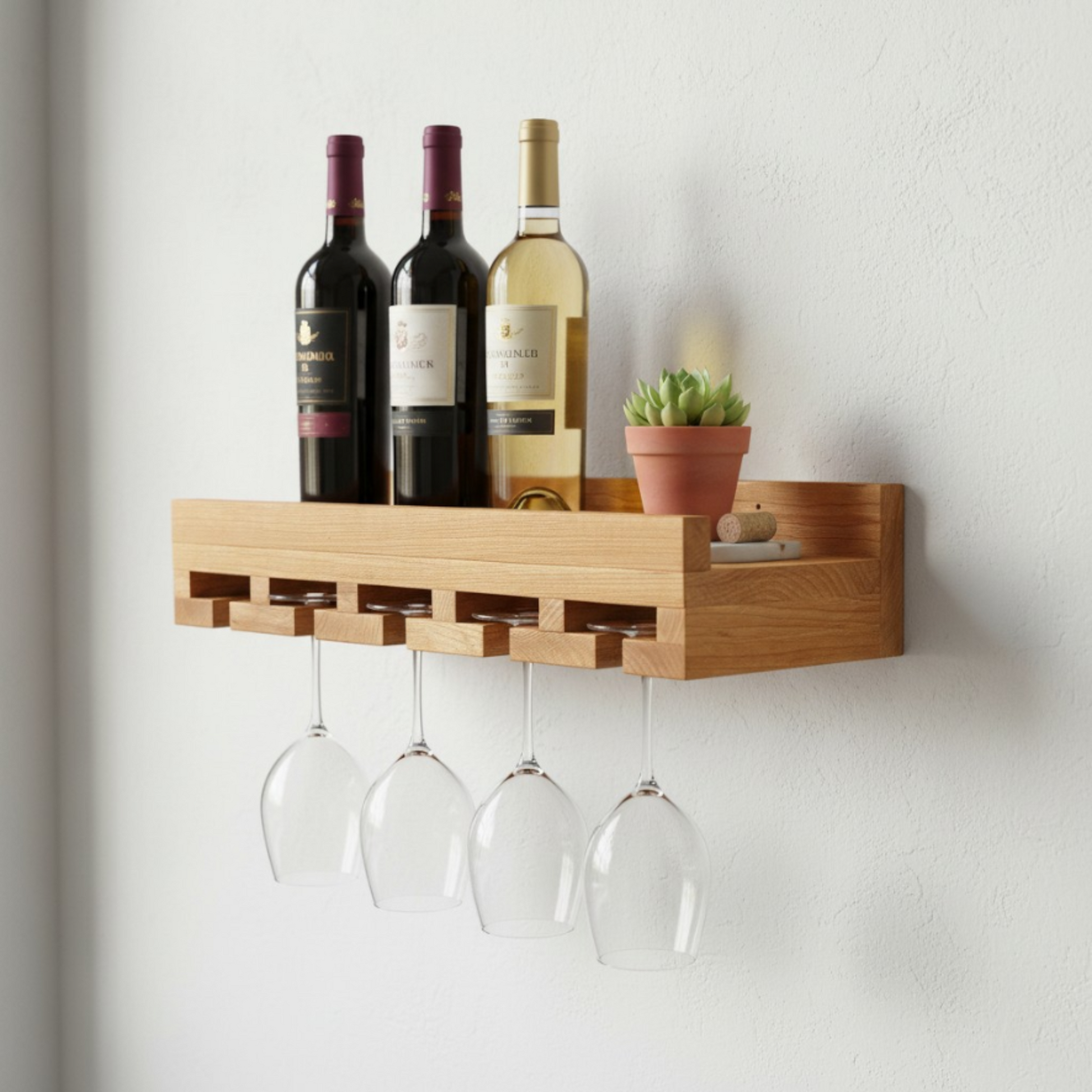 Wooden wall-mounted shelf with wine bottles and glasses on a white wall