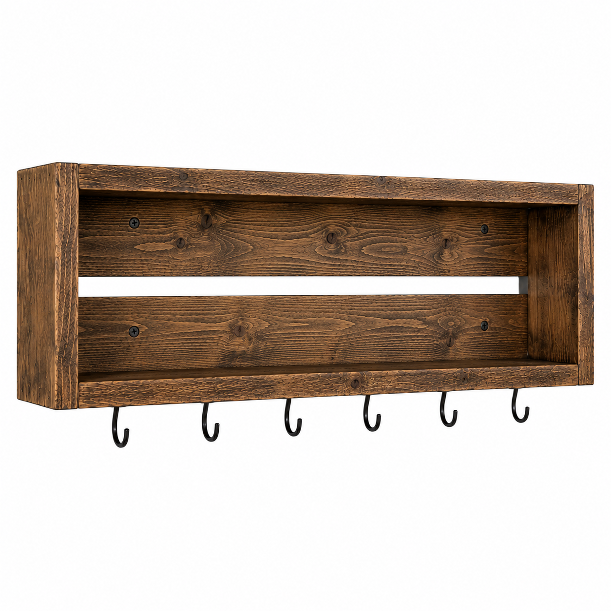 Rustic Coffee Mug Shelf with Hooks | Wall Mounted Coffee Bar Organizer | Solid Wood Kitchen Storage Shelf