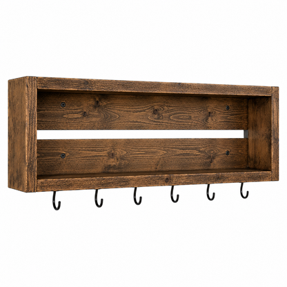Rustic Coffee Mug Shelf with Hooks | Wall Mounted Coffee Bar Organizer | Solid Wood Kitchen Storage Shelf