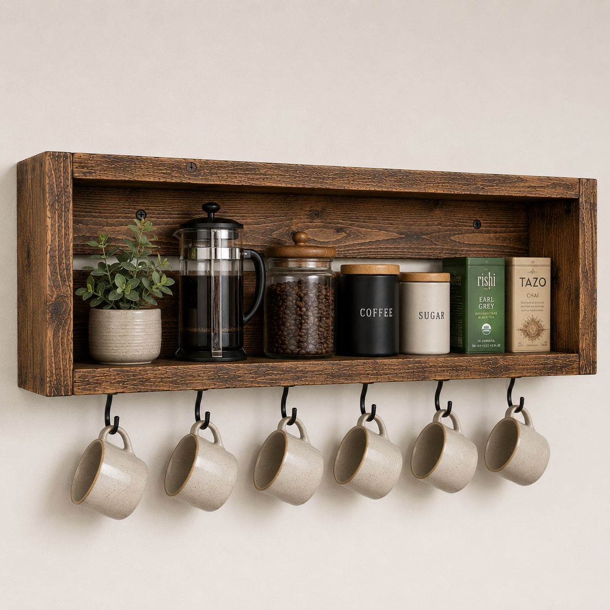 Rustic Coffee Mug Shelf with Hooks | Wall Mounted Coffee Bar Organizer | Solid Wood Kitchen Storage Shelf