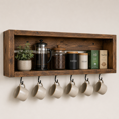 Rustic Coffee Mug Shelf with Hooks | Wall Mounted Coffee Bar Organizer | Solid Wood Kitchen Storage Shelf