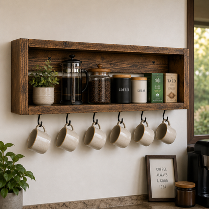 Rustic Coffee Mug Shelf with Hooks | Wall Mounted Coffee Bar Organizer | Solid Wood Kitchen Storage Shelf