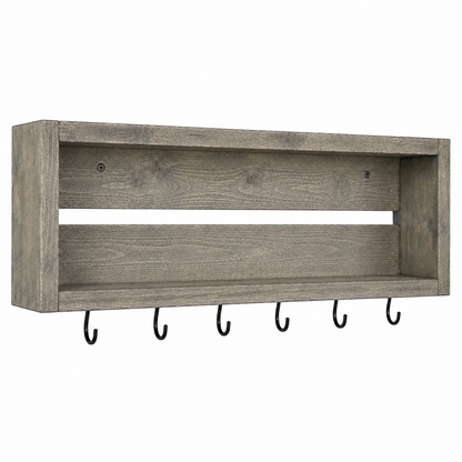 Rustic Coffee Mug Shelf with Hooks | Wall Mounted Coffee Bar Organizer | Solid Wood Kitchen Storage Shelf