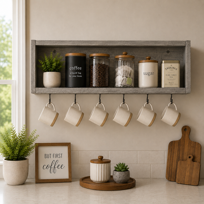 Rustic Coffee Mug Shelf with Hooks | Wall Mounted Coffee Bar Organizer | Solid Wood Kitchen Storage Shelf