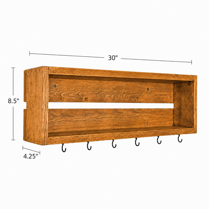 Rustic Coffee Mug Shelf with Hooks | Wall Mounted Coffee Bar Organizer | Solid Wood Kitchen Storage Shelf