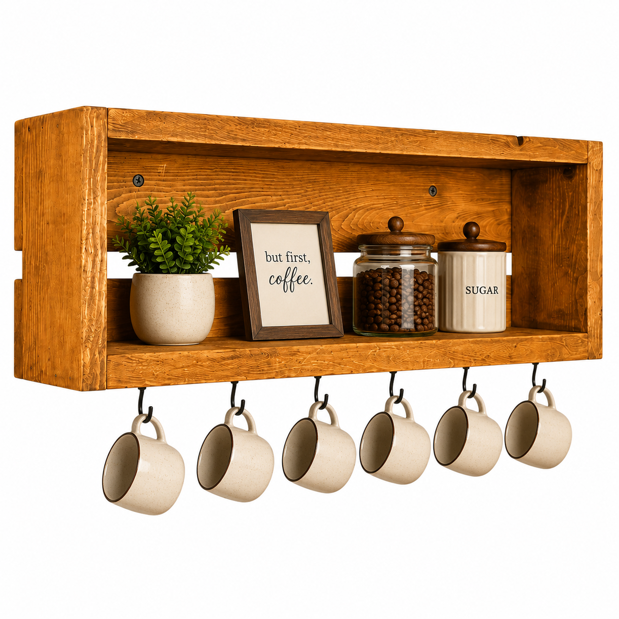 Rustic Coffee Mug Shelf with Hooks | Wall Mounted Coffee Bar Organizer | Solid Wood Kitchen Storage Shelf