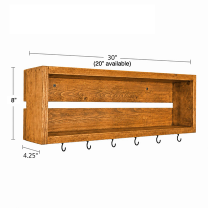 Rustic Coffee Mug Shelf with Hooks | Wall Mounted Coffee Bar Organizer | Solid Wood Kitchen Storage Shelf
