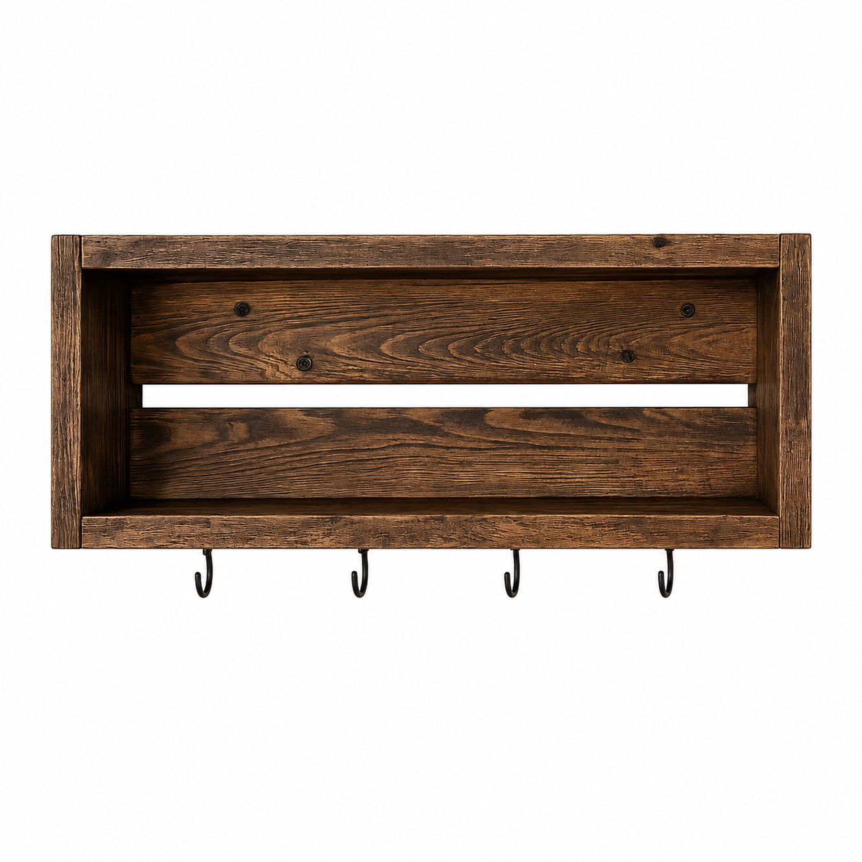 Rustic Coffee Mug Shelf with Hooks | Wall Mounted Coffee Bar Organizer | Solid Wood Kitchen Storage Shelf