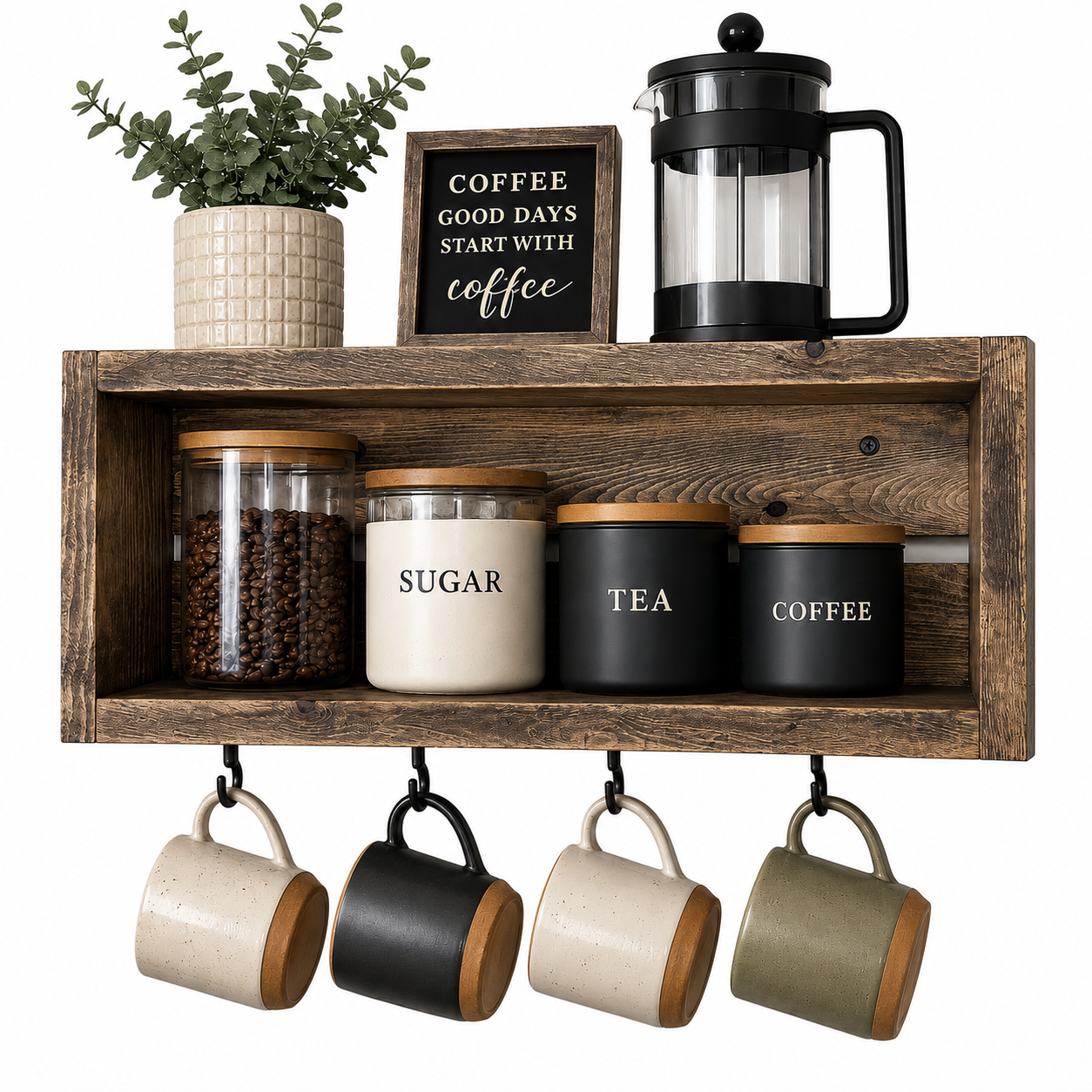 Rustic Coffee Mug Shelf with Hooks | Wall Mounted Coffee Bar Organizer | Solid Wood Kitchen Storage Shelf