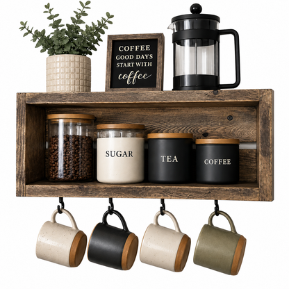Rustic Coffee Mug Shelf with Hooks | Wall Mounted Coffee Bar Organizer | Solid Wood Kitchen Storage Shelf