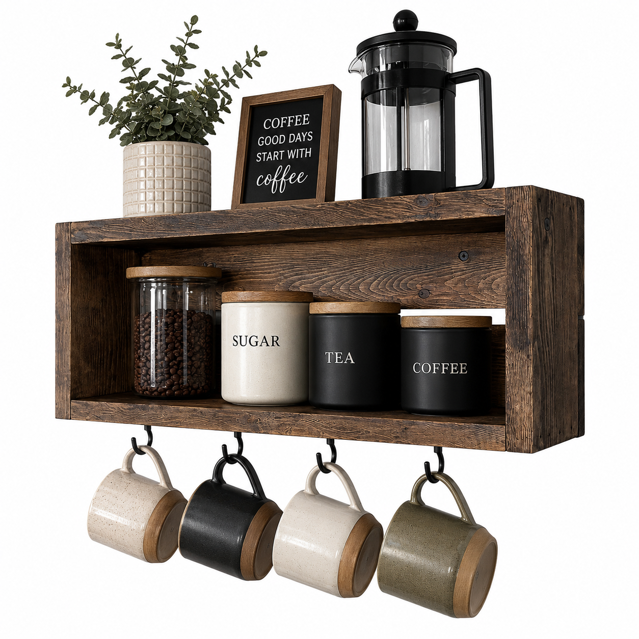 Rustic Coffee Mug Shelf with Hooks | Wall Mounted Coffee Bar Organizer | Solid Wood Kitchen Storage Shelf