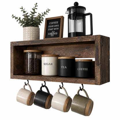 Rustic Coffee Mug Shelf with Hooks | Wall Mounted Coffee Bar Organizer | Solid Wood Kitchen Storage Shelf