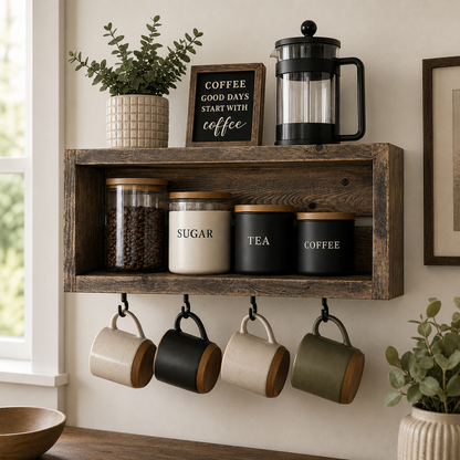 Rustic Coffee Mug Shelf with Hooks | Wall Mounted Coffee Bar Organizer | Solid Wood Kitchen Storage Shelf