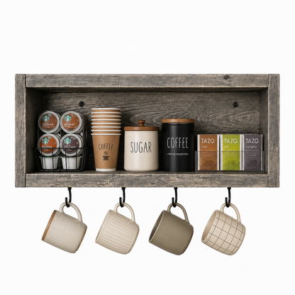 Rustic Coffee Mug Shelf with Hooks | Wall Mounted Coffee Bar Organizer | Solid Wood Kitchen Storage Shelf