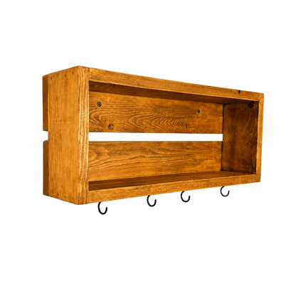 Rustic Coffee Mug Shelf with Hooks | Wall Mounted Coffee Bar Organizer | Solid Wood Kitchen Storage Shelf