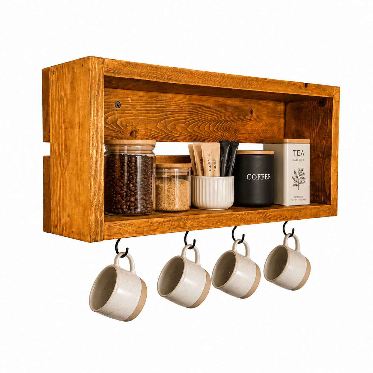 Rustic Coffee Mug Shelf with Hooks | Wall Mounted Coffee Bar Organizer | Solid Wood Kitchen Storage Shelf