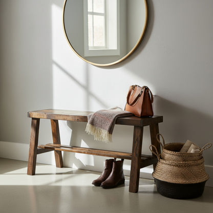 Rustic solid pine wood entry bench in dark finish with modern rustic furniture style.