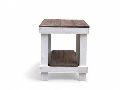 Natural solid wood handmade farmhouse end table with sturdy slatted shelf, modern rustic furniture.