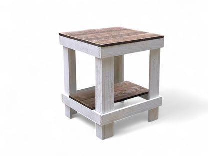 Natural solid wood handmade farmhouse end table with sturdy slatted shelf, modern rustic furniture.