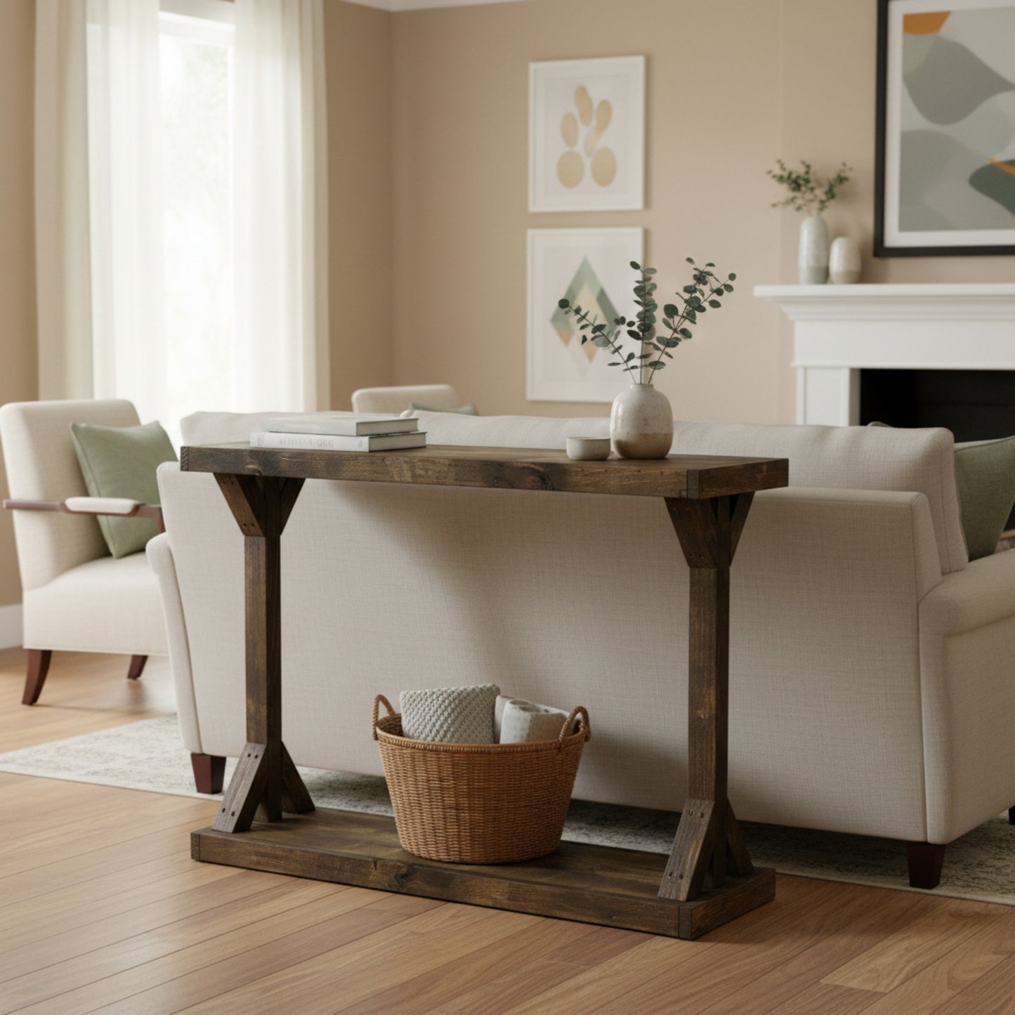Light walnut solid wood console table with floating shelf, handmade rustic furniture.