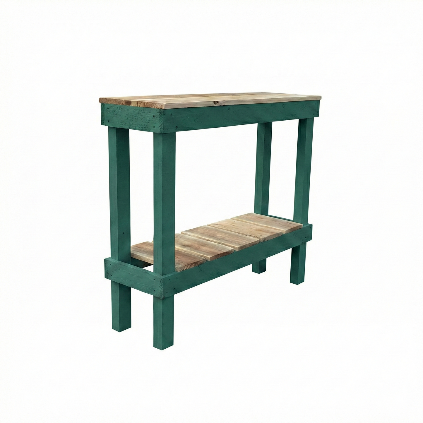 Solid wood handmade console table in navy blue with natural wood top and lower shelf, modern rustic furniture.