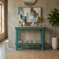 Solid wood handmade console table in navy blue with natural wood top and lower shelf, modern rustic furniture.