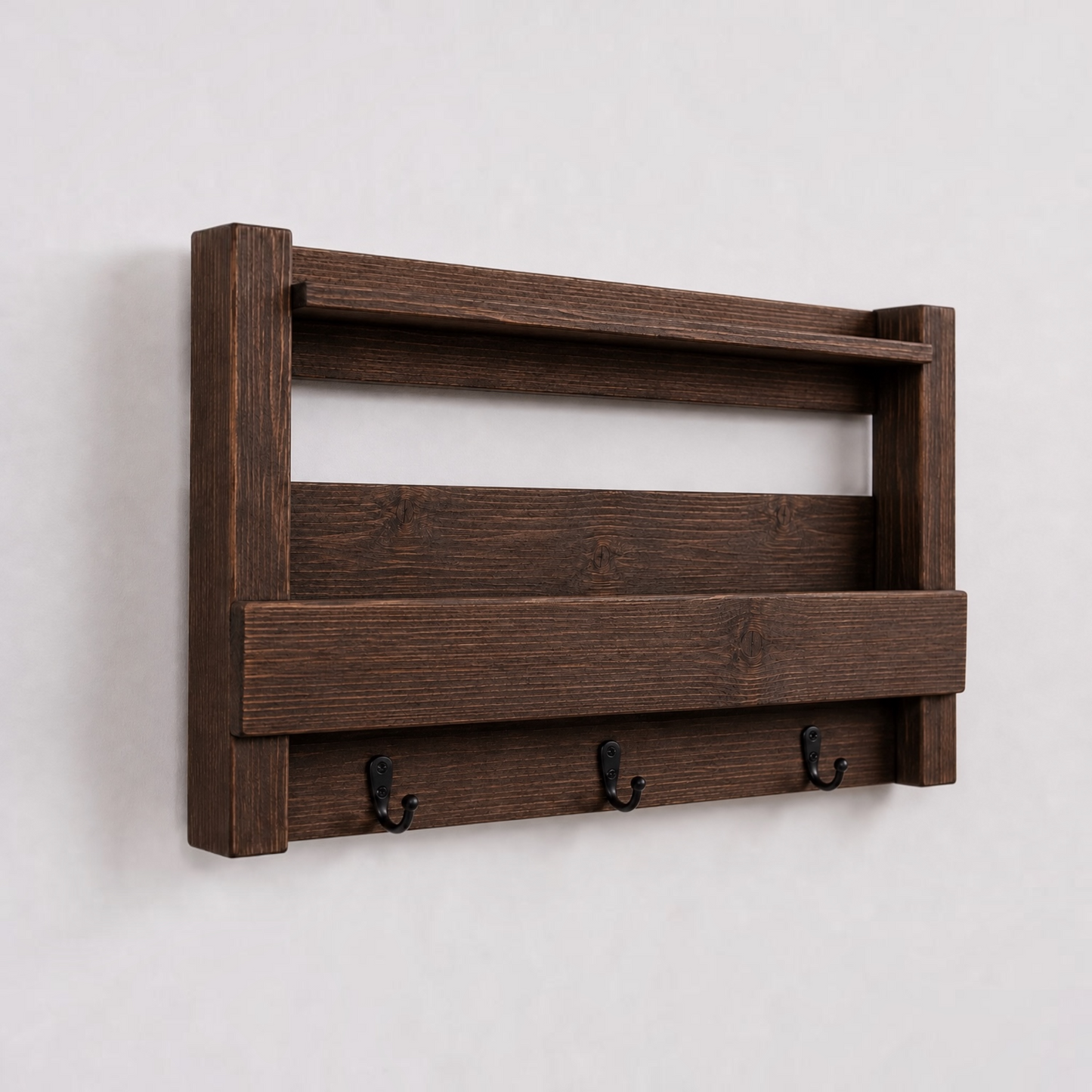 Rustic Wall Mail Organizer with Shelf and Hooks | Handmade Wooden Entryway Mail Holder | Key Rack & Coat Hook Organizer