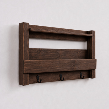 Rustic Wall Mail Organizer with Shelf and Hooks | Handmade Wooden Entryway Mail Holder | Key Rack & Coat Hook Organizer