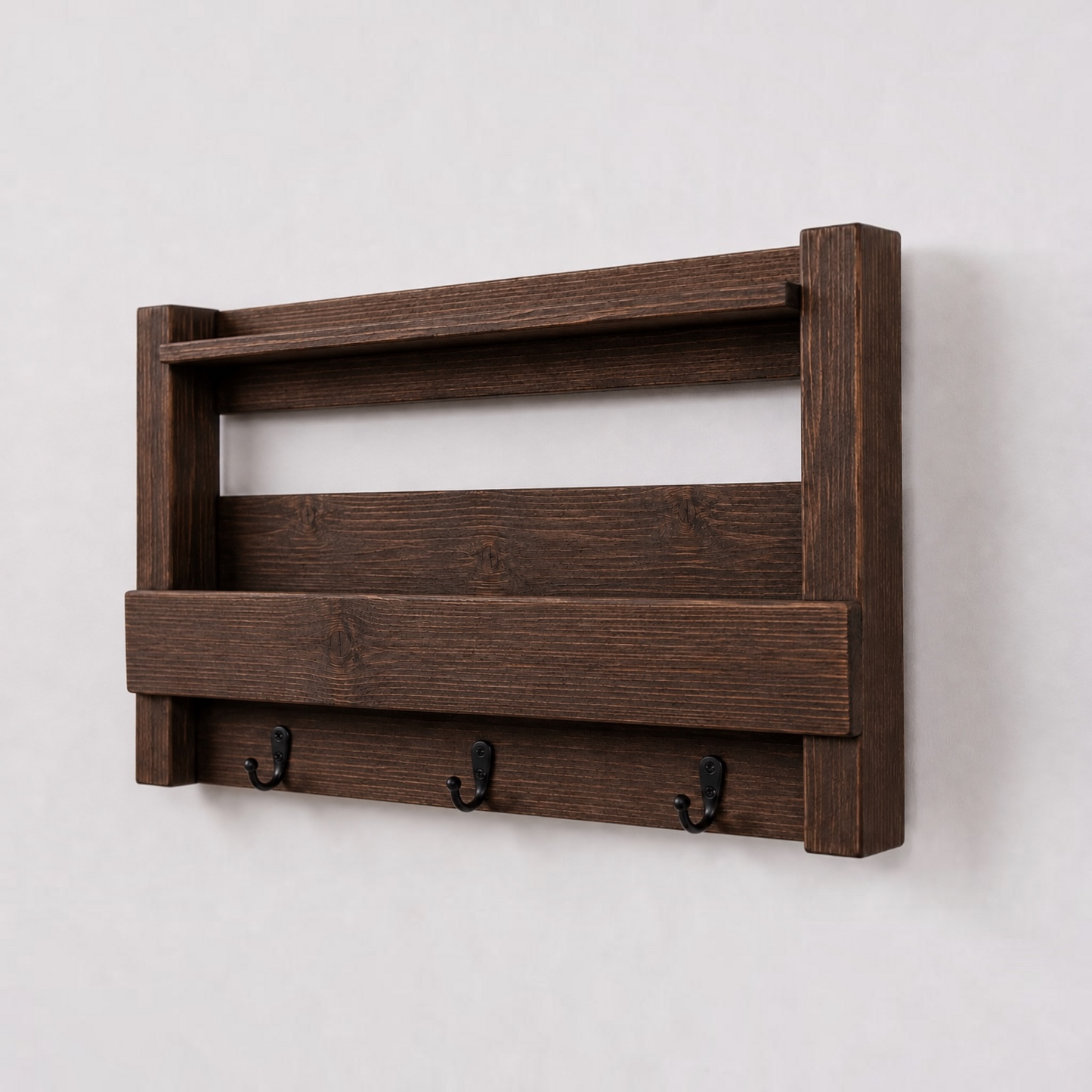 Rustic Wall Mail Organizer with Shelf and Hooks | Handmade Wooden Entryway Mail Holder | Key Rack & Coat Hook Organizer