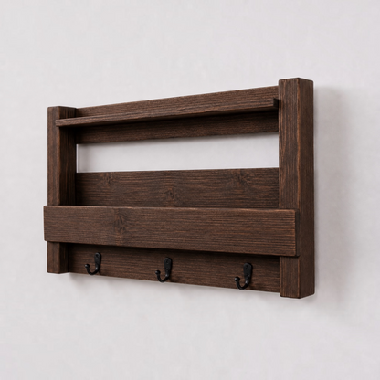 Rustic Wall Mail Organizer with Shelf and Hooks | Handmade Wooden Entryway Mail Holder | Key Rack & Coat Hook Organizer
