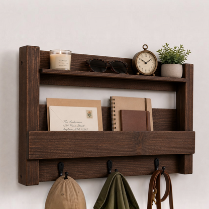Rustic Wall Mail Organizer with Shelf and Hooks | Handmade Wooden Entryway Mail Holder | Key Rack & Coat Hook Organizer