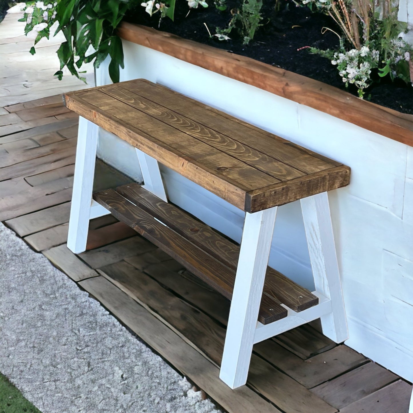 Farmhouse Olive Branch Solid Pine Wood Entry Bench - Intrinsic Haven Benches Rustic Cedar/ White