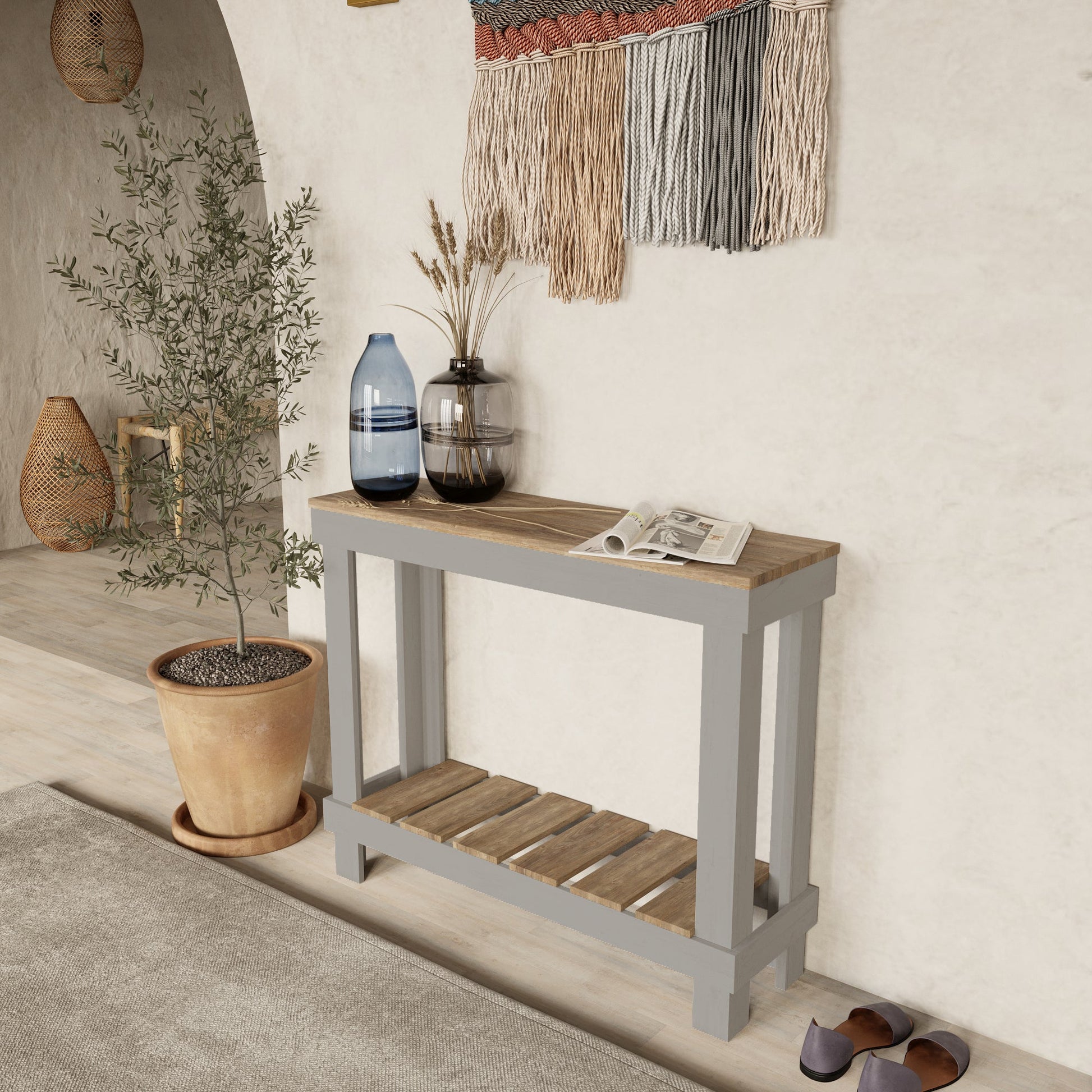 Farmhouse Rustic Wood Small Entry/Sofa Table - Intrinsic Haven Console Table Nat/Sapphire sofa