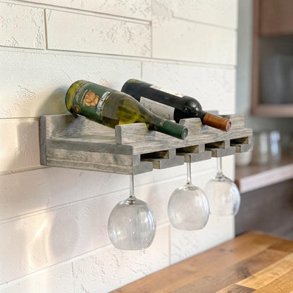 Bottle Holder + Stemware Storage Wine Rack: Cask & Timber All-in-One Wall Mounted Wine Station – Handcrafted Solid Wood